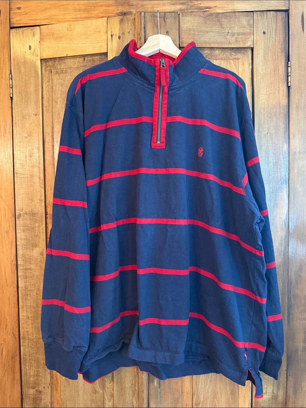 Izod 2XL Navy and Red Striped Quarter-Zip Rugby Sweater